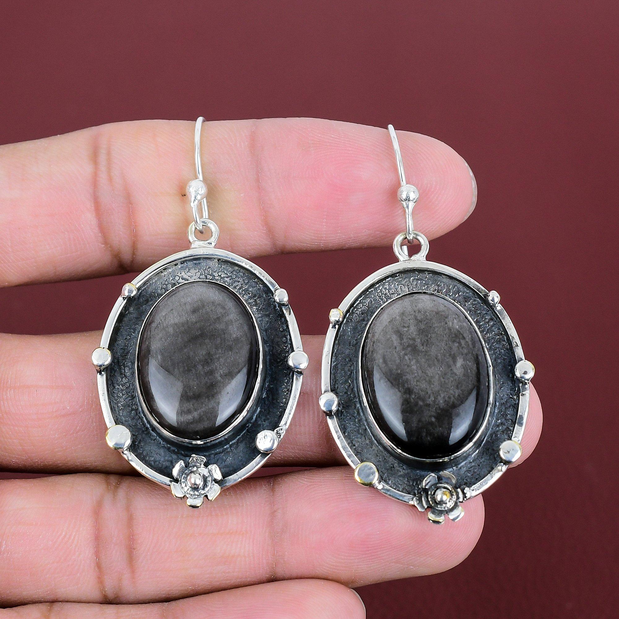 Silver Sheen Obsidian Earring Natural Gemstone Jewelry 925 Sterling Silver Earring Handmade Earrings Gifts For Wife Wonderful Silver Jewelry