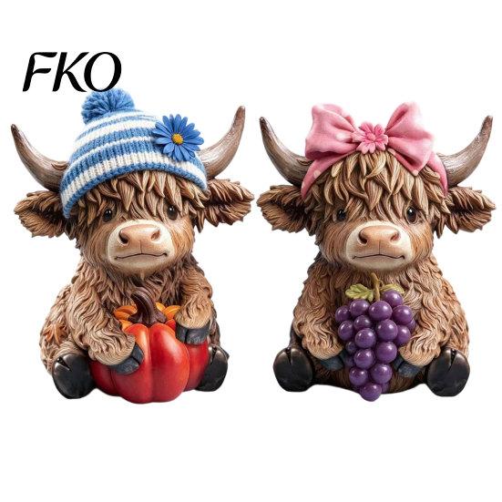 Fine Carving Wood Art 2PCS Highland Cow Ornament, Wooden Rustic Style Figurine, Thanksgiving Home Decoration Theme Art, for Entrance Living Room Decor