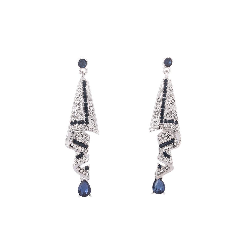 Retro Fashion Blue Diamond-Encrusted Water Drop Fringed Earrings Design Niche Versatile Stud Earrings Temperament High-End Earrings Women