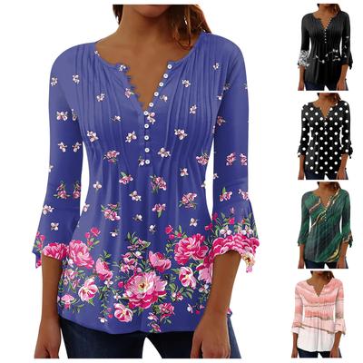 Women's Button Up Shirt Floral Print Top Summer Casual 3/4 Sleeve V Neck Blouse