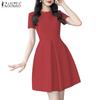 ZANZEA Womens Summer Casual Round Neck Short Sleeve Dress