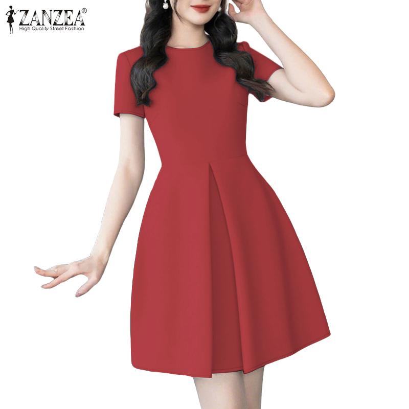 ZANZEA Womens Summer Casual Round Neck Short Sleeve Dress