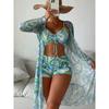 Women's Abstract Print Drawstring Crop Top & High Waist Shorts With Kimono 3-Piece Swimsuit