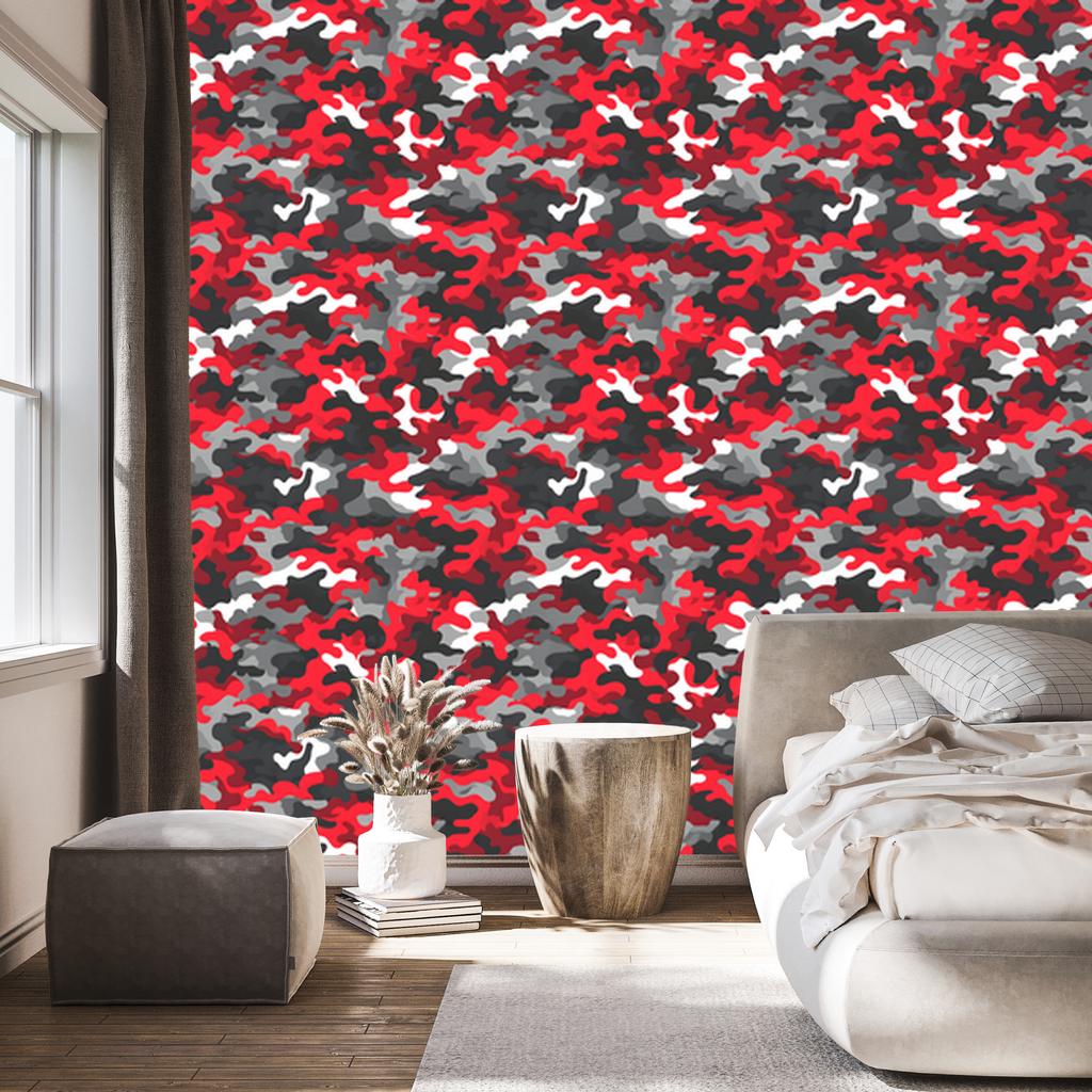 Red and graphite military camouflage wallpaper for living room and bedroom 50x1000