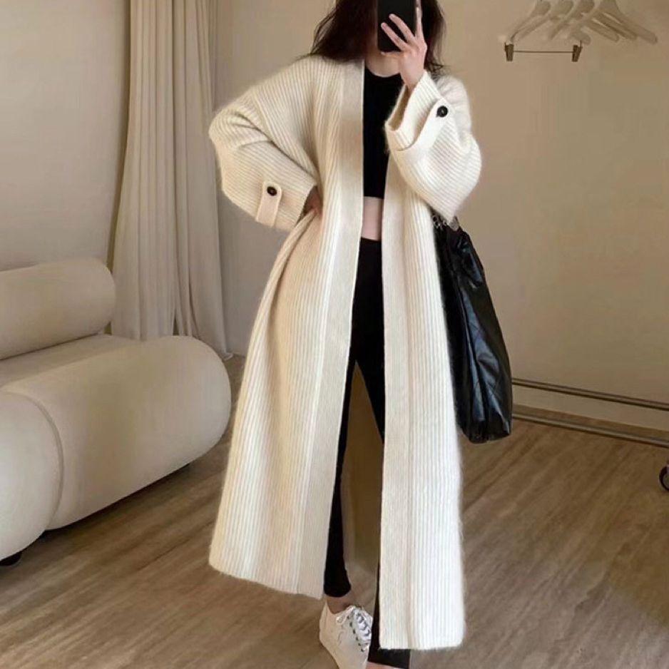 Eleganter Retro Damen Midilanger Warmer Strick-Cardigan, Allround Lockere Strickjacke für Herbst- und Winter-Pendler