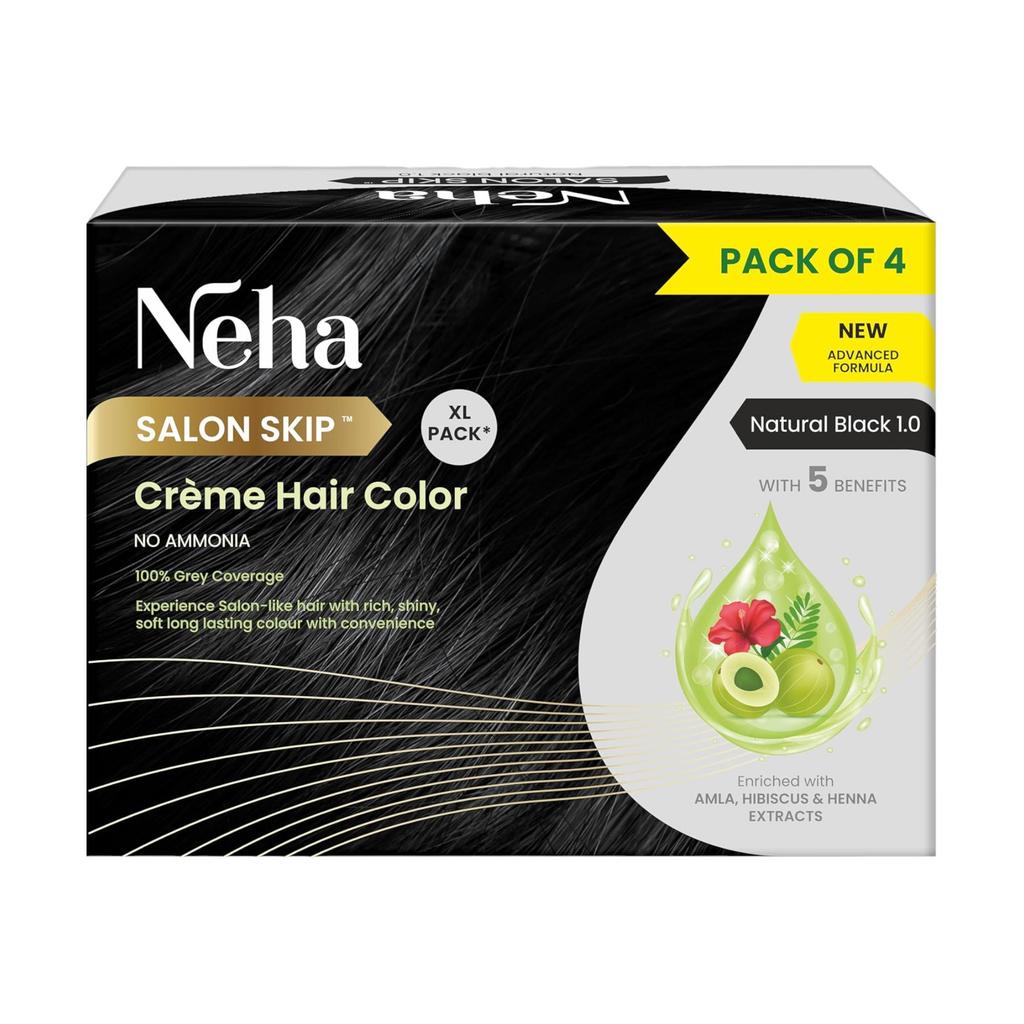 Neha Salon Skip Creme Haarfarbe Ammoniakfrei Naturschwarz (20g+20ml X 4 Beutel) Packung mit 1 Easy Mix Grauabdeckung Lang anhaltender Glanz