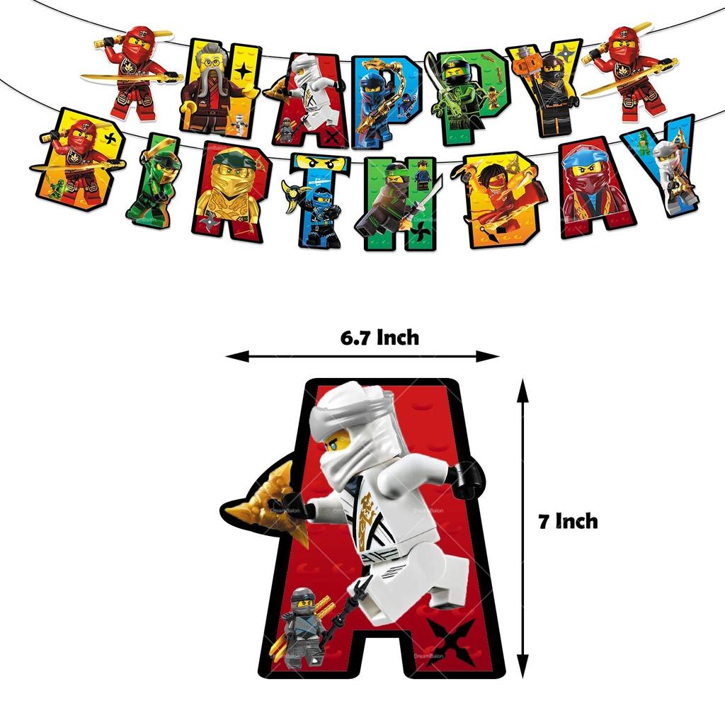 Ninjaed Go Balloons Happy Birthday Banner Legoed Party Decoration Supplies Backdrop Cake Topper Kids Spiral Disposable Tableware