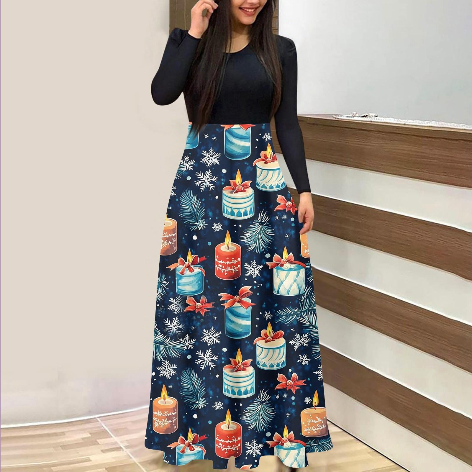 

Женское модное повседневное платье с рождественским принтом, круглым вырезом и длинными рукавами XXL