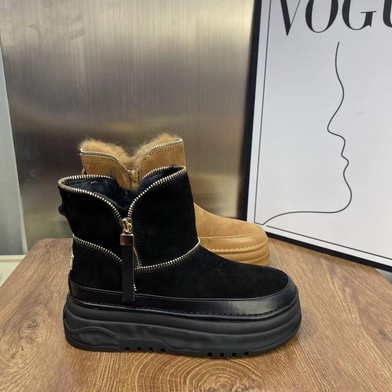 Fur integrated warm casual snow boots women's winter leather piled thickened cotton boots non-slip thick-soled short boots