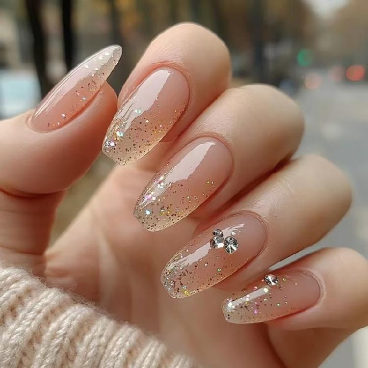 24 Stück Strasssteine zum Aufkleben auf den Nagel Elegante Künstliche Nägel Mittlere Ballerinas Falsche Nägel Glitzernde Press-On-Nägel für Frauen