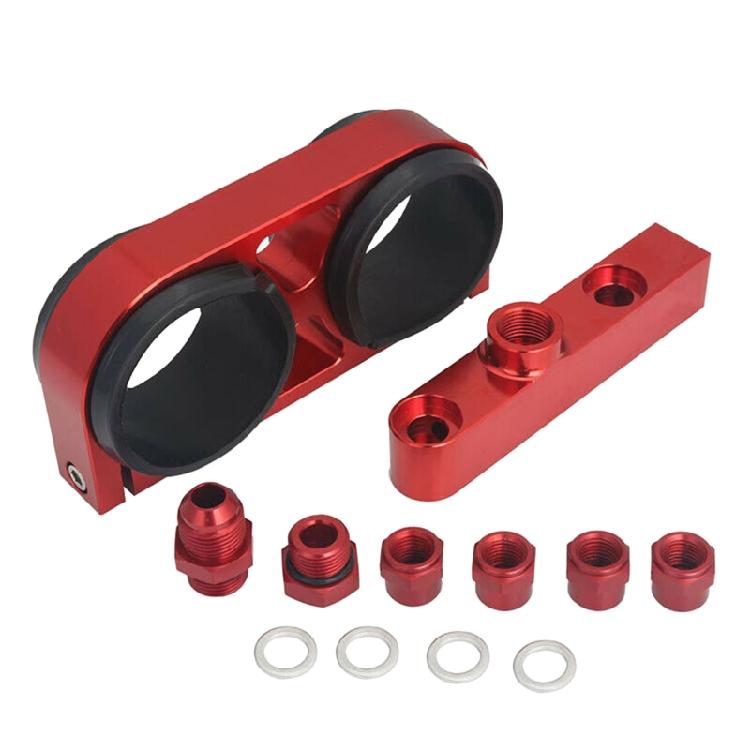 

Auto Twin 60mm Inlets Outlet Manifold Fuel Pump Mount Bracket Filter AN Fittings красный
