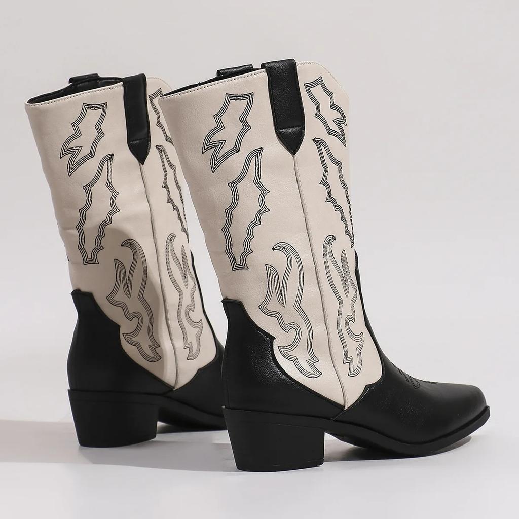 Embroidered Western Cowboy Split Color Pointed Toe Thick Heel Women's Boots Autumn Winter New Style Mid-Calf Knight Boots
