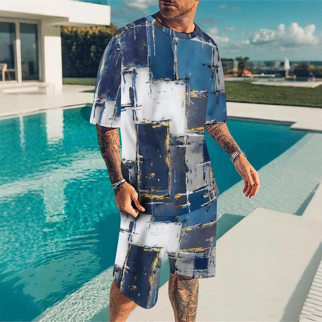 Men Earth Tone Distressed Square Block Print Short Sleeve Tee And Matching Shorts Two Piece Outfit