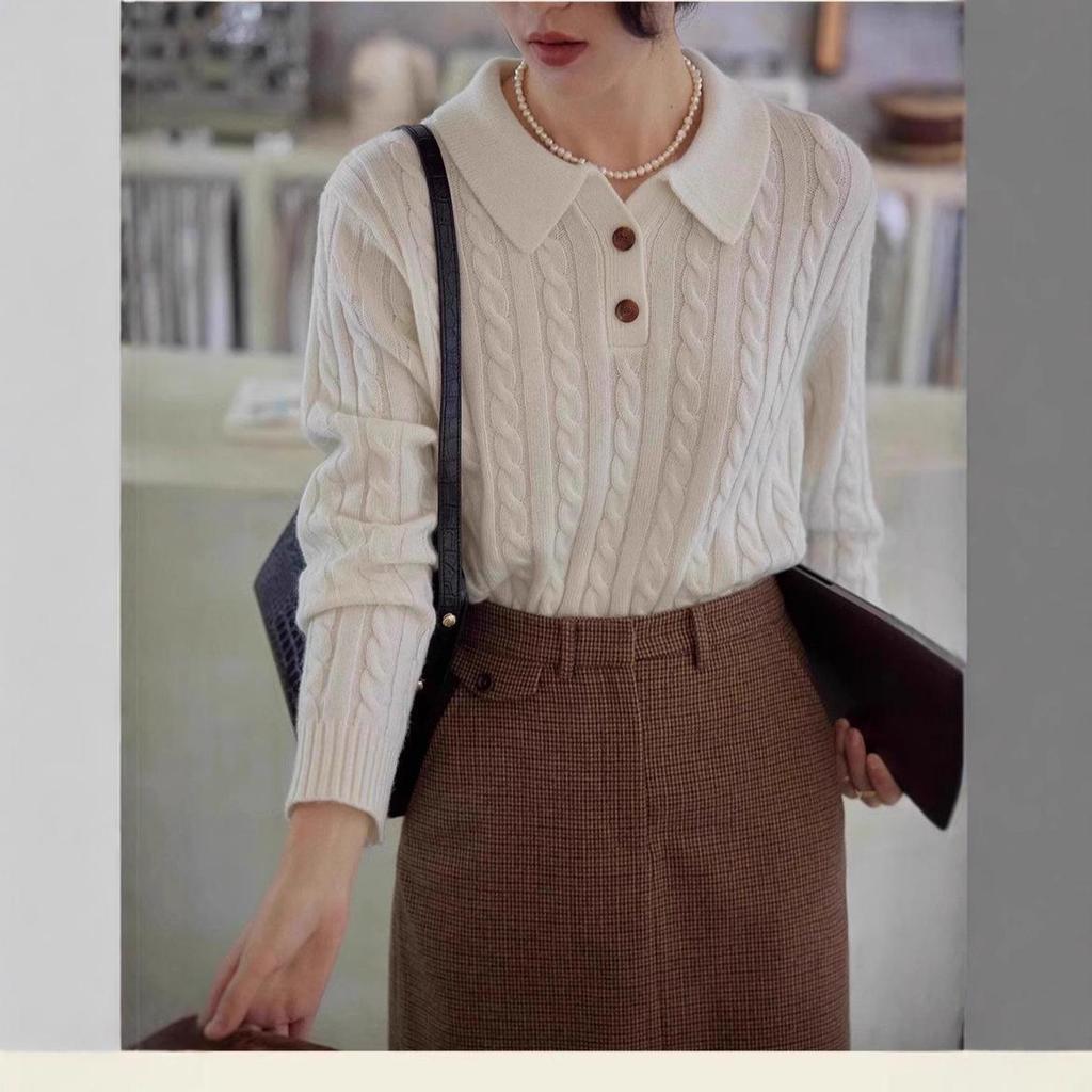 French Retro Wool Cable Knit Lapel Sweater - Women's Autumn Winter Cashmere Polo Collar Top