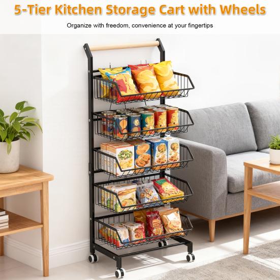 Fruit Vegetable Basket, 5-Tier Adjustable Rolling Pantry Kitchen Cart On Wheels, Metal Wire Storage Basket Cart for Fruit, Potato, Onion, Vegetable,