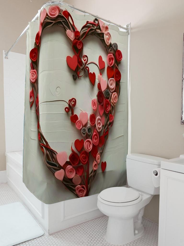 3D Heart and Roses Shower Curtain | Romantic Bathroom Decor