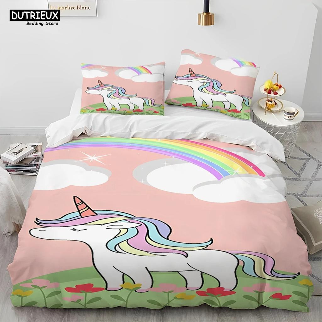 Einhorn Niedlich Cartoon Bettdecke Bettwäsche Set,Bettbezug Bett Set Bettdeckenbezug Kissenbezug,Queen Bettwäsche Set