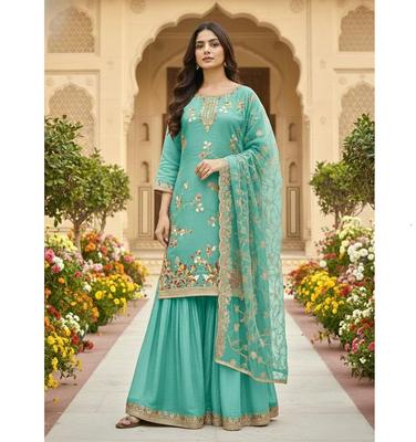 Traje Salwar de Designer Feminino Indiano Bollywood Seda Pura Palazzo Salwar Kameez Conjunto