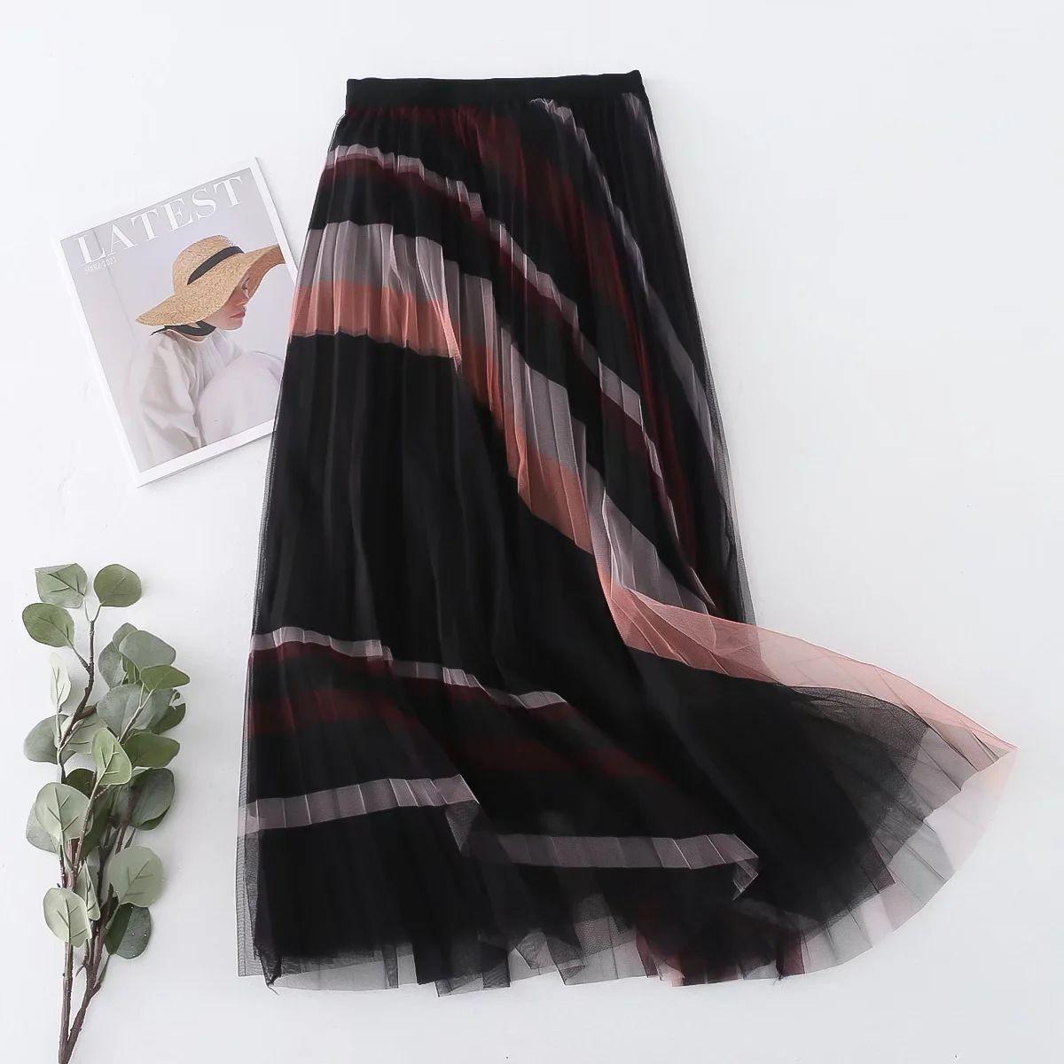 

Женские плиссированные мягкие винтажные юбки с эластичной талией, однотонные уличные юбки миди А-силуэта One size чёрный