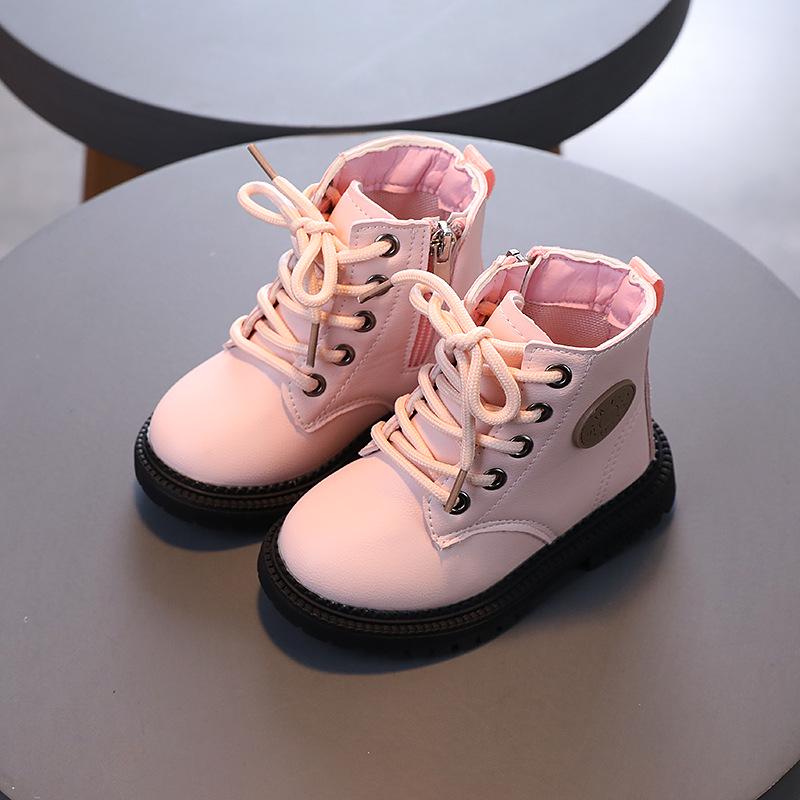 2025 Autumn/Winter British Style Kids' Soft Leather Non-Slip Ankle Boots with Lace-Up and Zipper