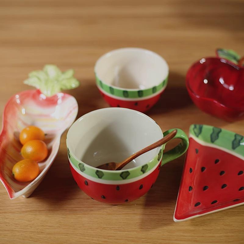 Watermelon Ceramic Relief Fruit Shaped Plate Cake Inventory Heart Plate Breakfast Cup Large Capacity Cup Rice Bowl