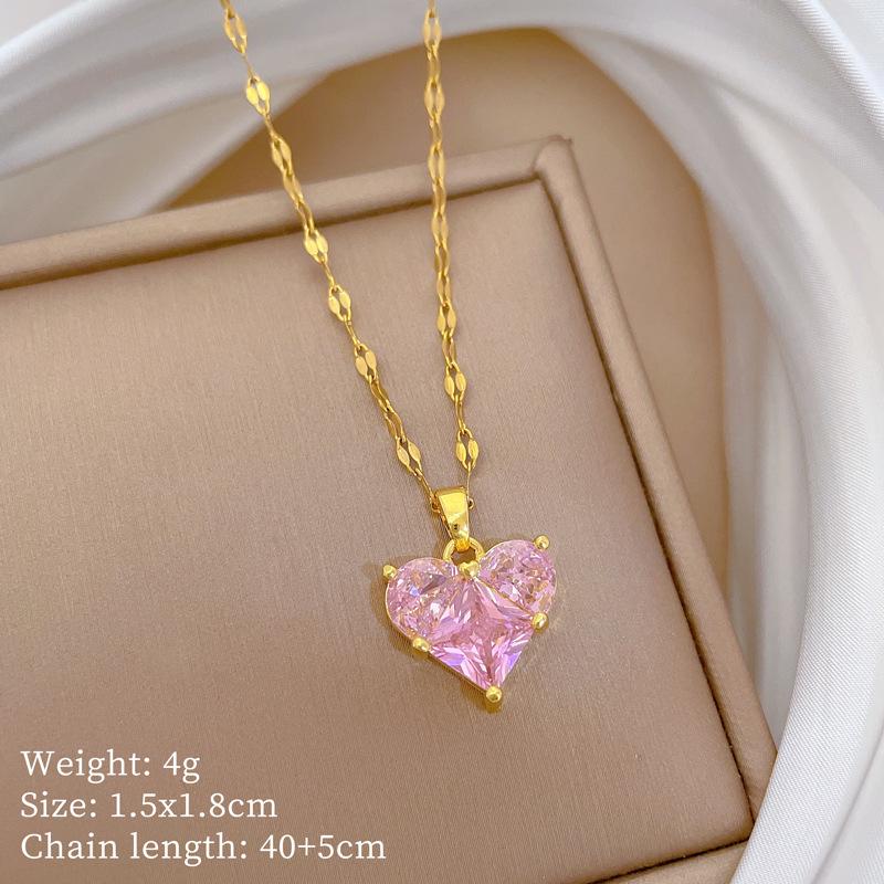 Titanium Steel Luxury Peach Heart Gold Necklace with Full Zircon Inlay - Women's Lucky Charm Clavicle Chain