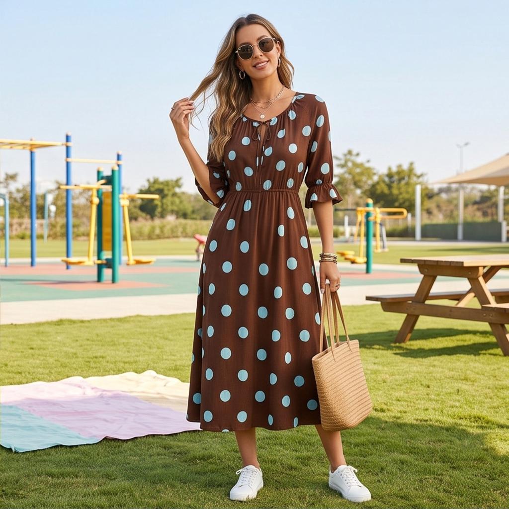 Damen Polka Dot Print Schmeichelhaftes Taillenbetonendes Midi-Kleid für Urlaub und Resort