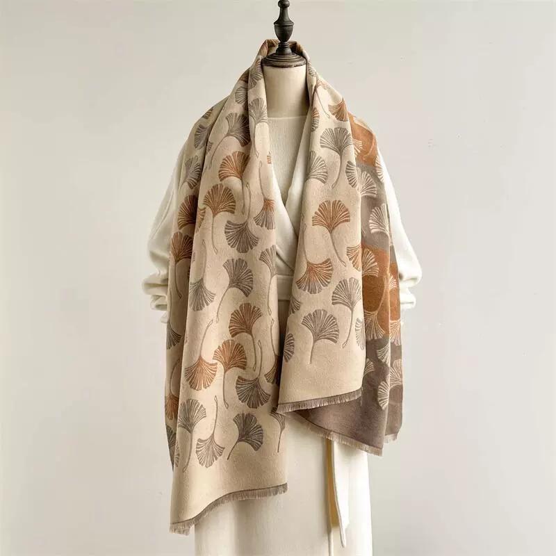 New Comfortable Fall-Winter Imitation Cashmere Scarf For Women Versatile And Elegant Leaf Design Style Thick Warm Shawls  Wraps