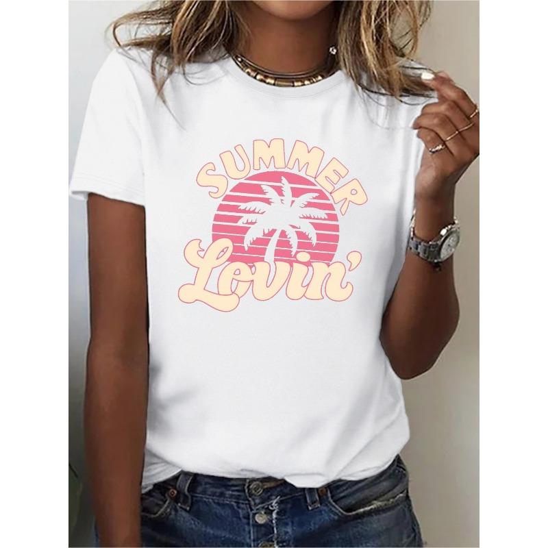 Women Soft Pink Tropical Palm Tree Print Beach Vacation Casual Tee S белый