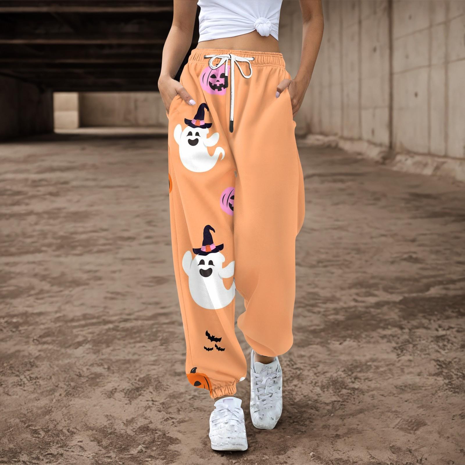 

Женские повседневные брюки с принтом на Хэллоуин, эластичные брюки с завязками на талии M шафрановый