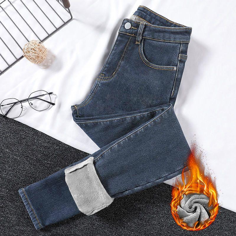 Damen Jeans 2025 Samtgefüttert Elastisch Slim Fit Koreanischer Stil Winterwarm