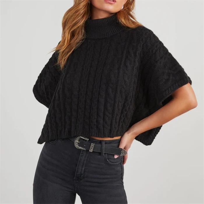 

Осень-зима Винтажный свободный топ с короткими рукавами однотонный пуловер трикотажный свитер с воротником-стойкой XL чёрный