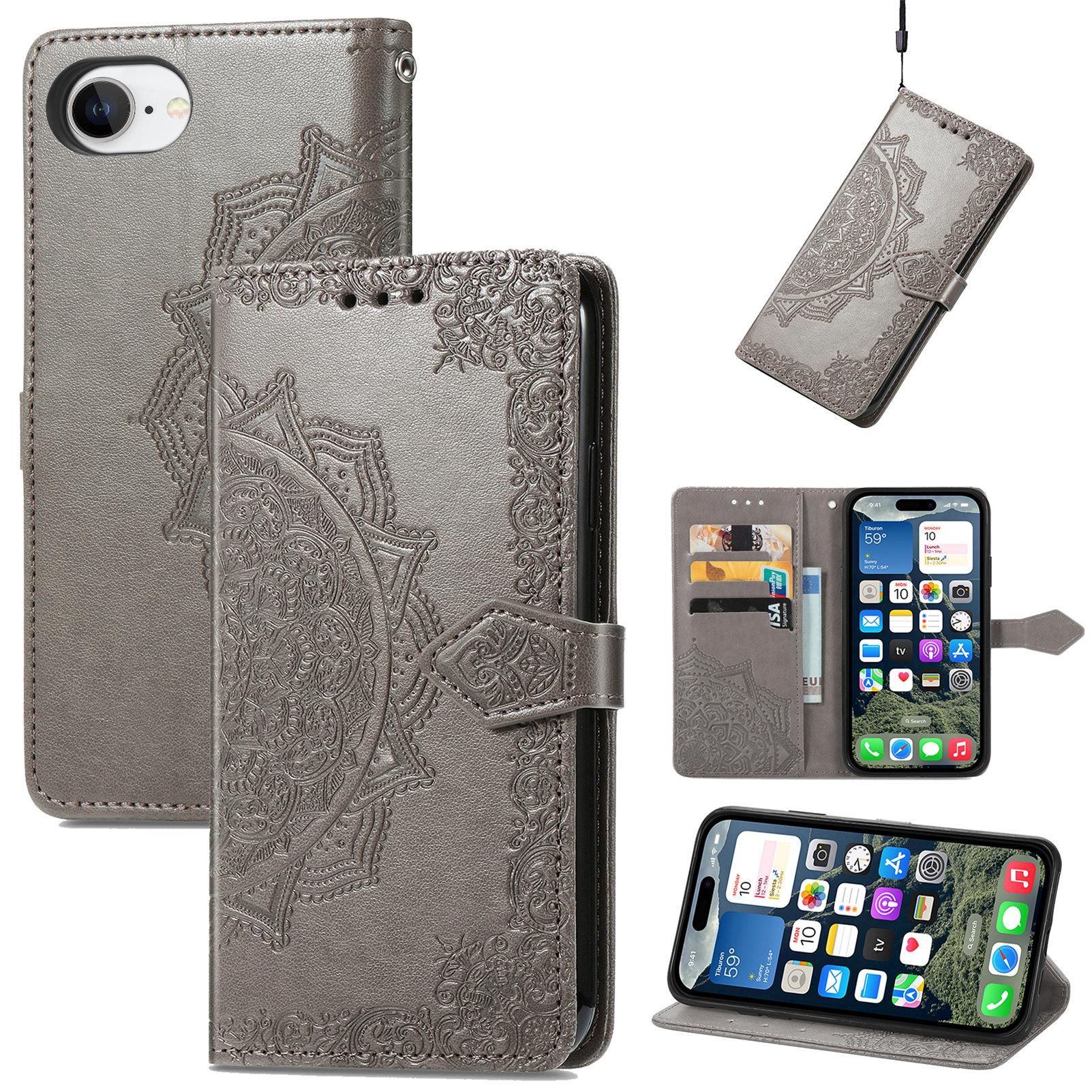 

For iPhone 16e Wallet Case Mandala Flower Leather Phone Cover Stand Grey