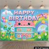 2D Cartoon Cat House Backdrop, Colorful Birthday Background with Music Notes for Baby Shower & Kids Events