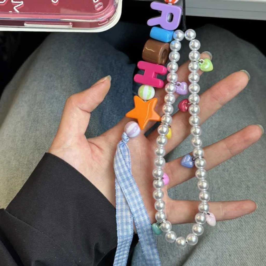 Colorful Acrylic Letter Bead Phone Strap Keychain Imitation Pearls Beaded Keyring Handmade Beaded Cellphone Lanyard