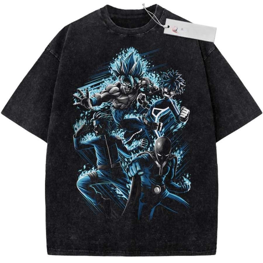 Unisex Washed Black Vintage Tshirt One Punch Man Saitama Genos Highquality Fabric for Home Leisure Travel Shopping