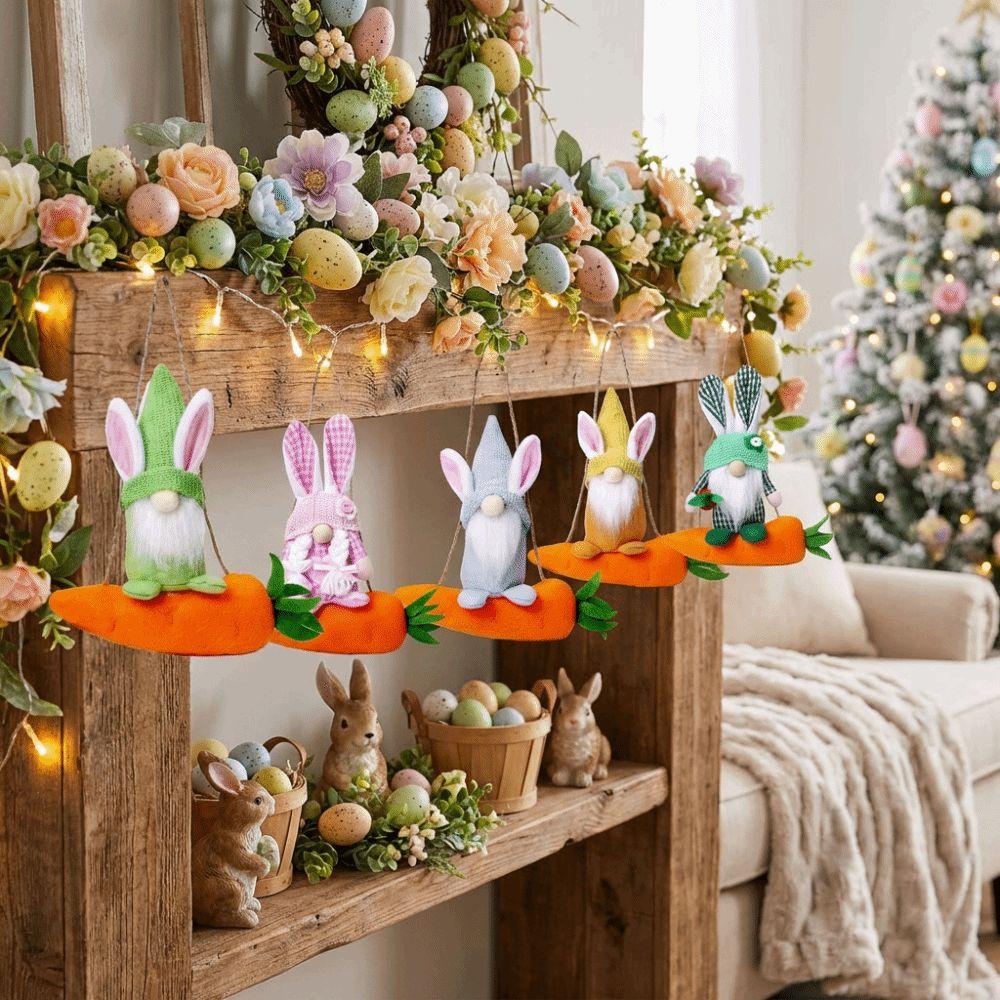 Farmhouse Easter Bunny Pendant Handmade Craft with Rope Faceless Decorative Colorful Rabbit Party Props