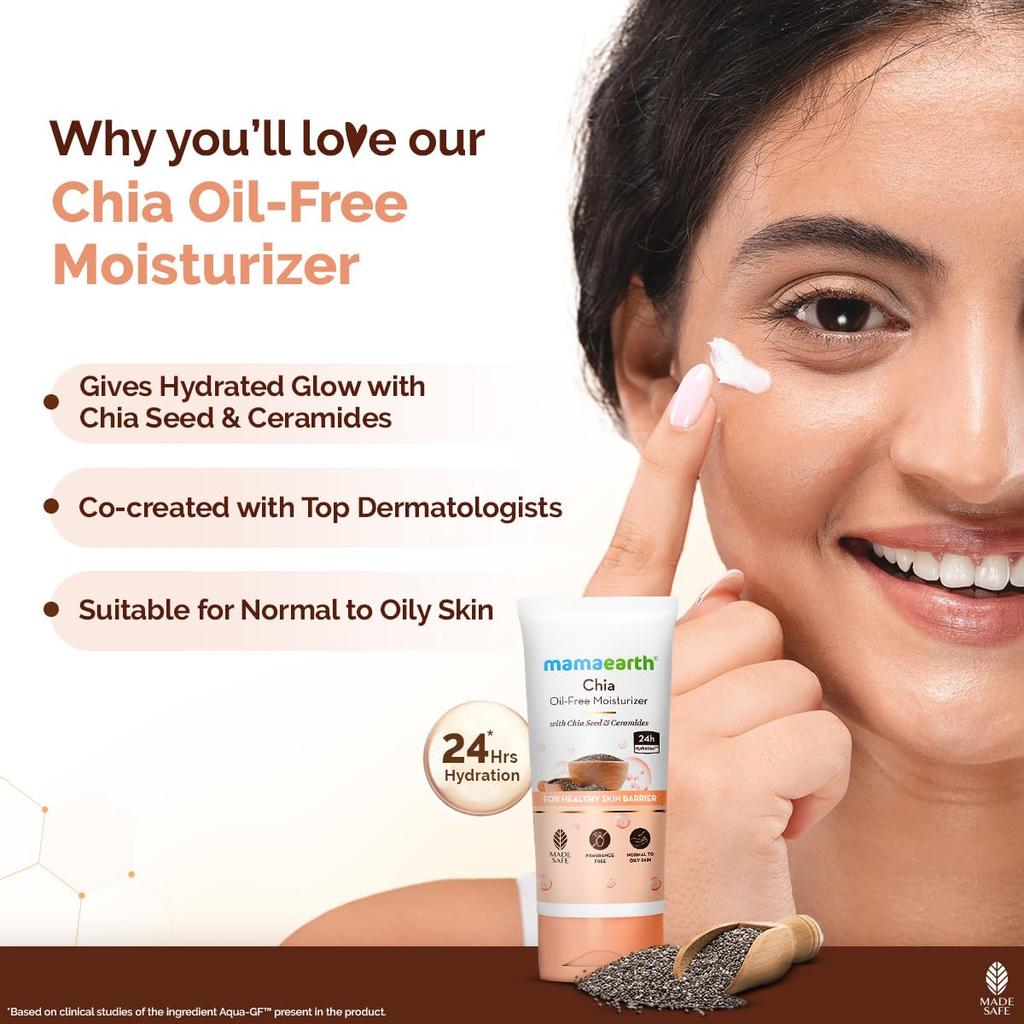 Mamaearth Chia Oil-Free Moisturizer For Oily Skin With Ceramides & Chia Seed 80g | Lightweight Daily Hydration For Clear Matte Glow