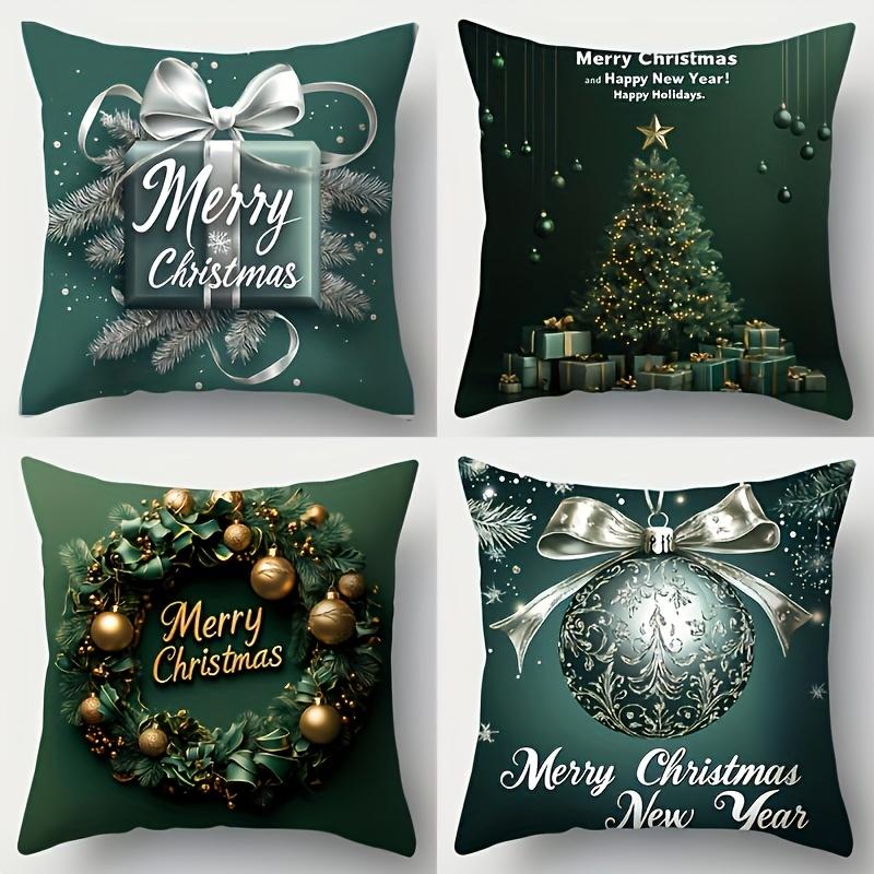 4pcs Christmas Throw Pillow Covers Green Wreath Christmas Tree Gift Pattern Double-Sided Printed Cushion Cases No Insert, Xmas Decor Pillowcases for L