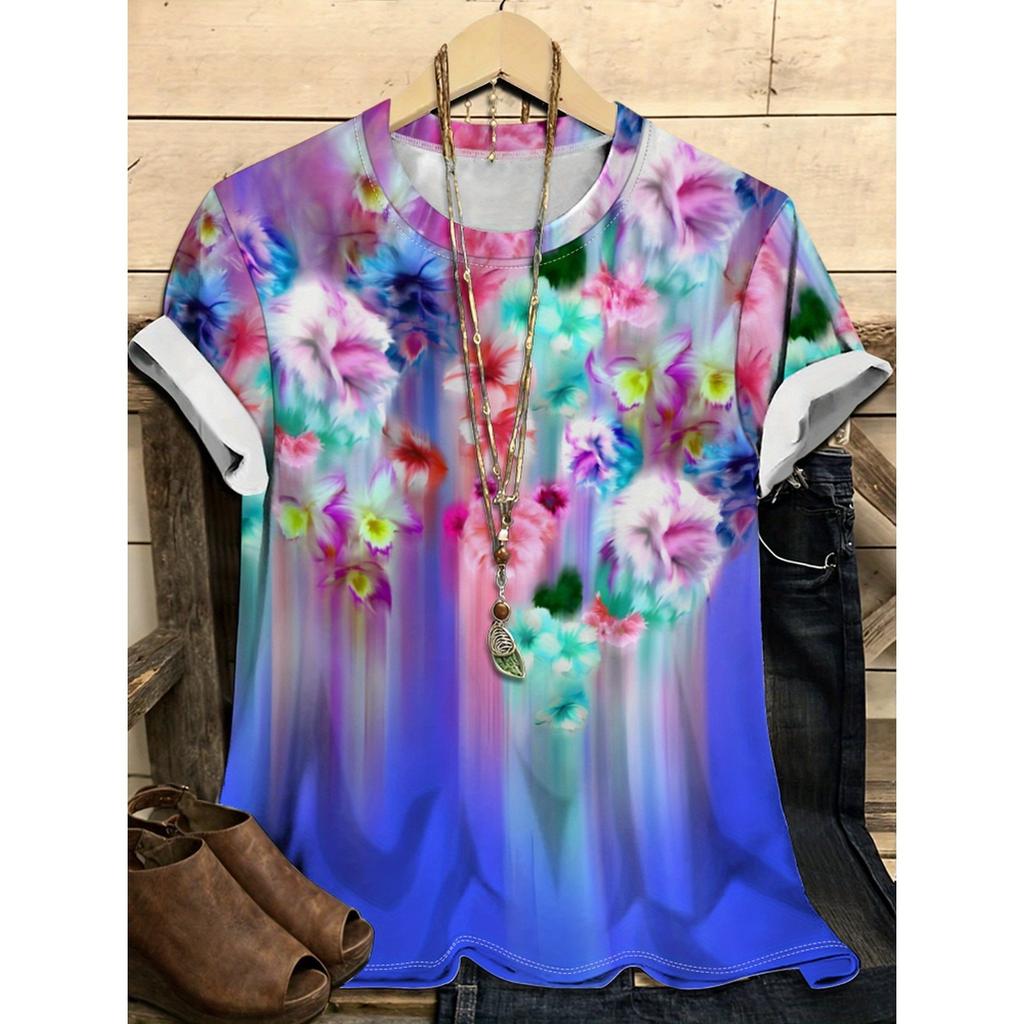 Letní dámské tričko s kulatým výstřihem, květinovým vzorem a 3D potiskem, módní, ležérní, s krátkým rukávem