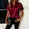Women's V Neck Satin Top Short Sleeve Shirt