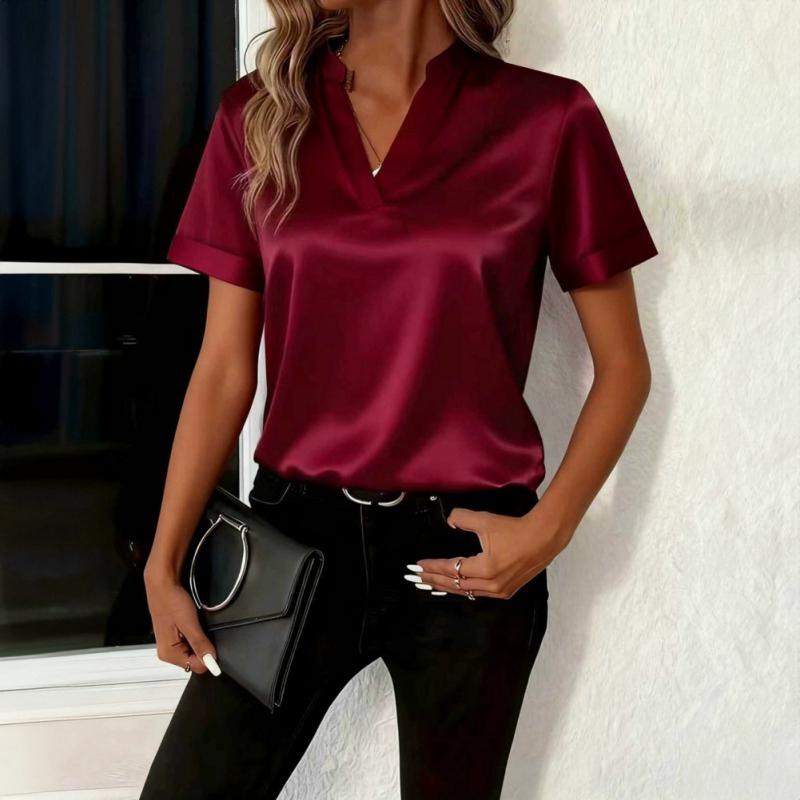 Women's V Neck Satin Top Short Sleeve Shirt