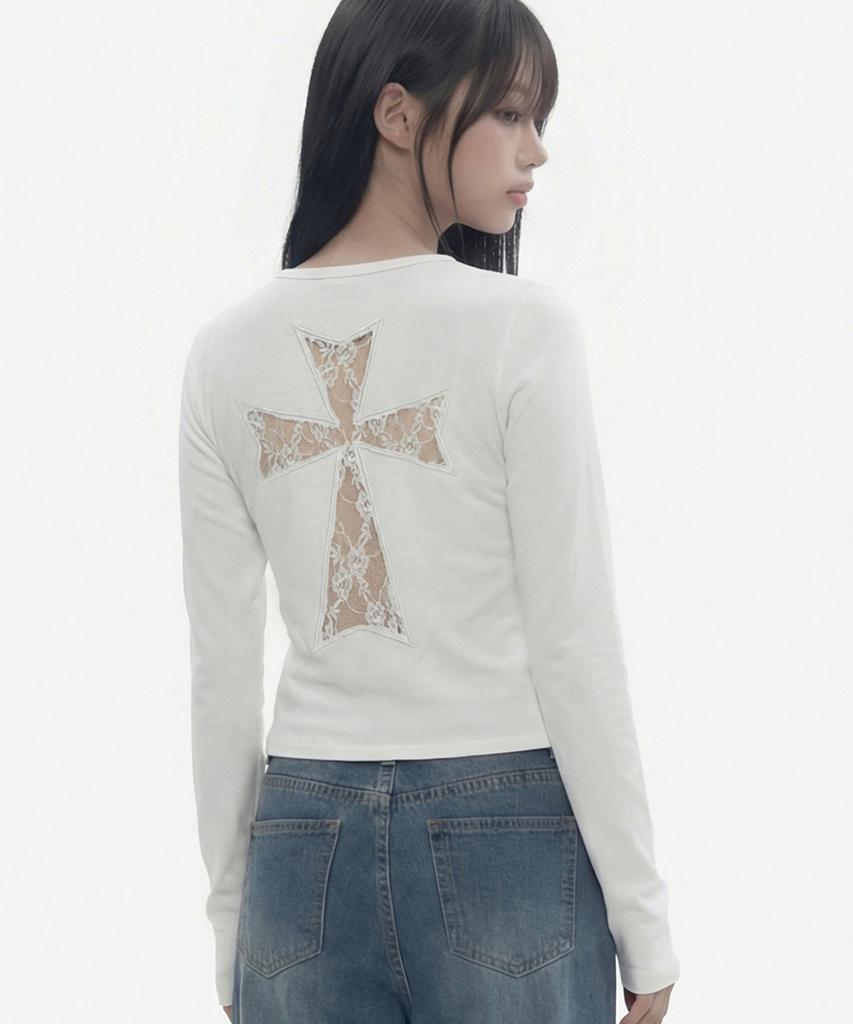 GRAVER [Unisex] Lace Back Cross U-Neck Long Sleeve_Black