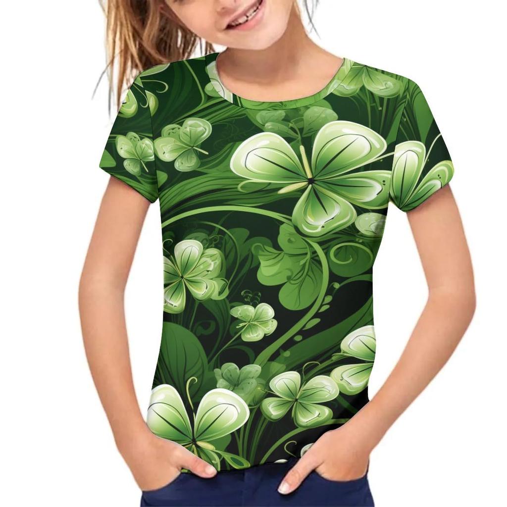 Kids T-shirt 3d Print Children's T-shirt Short Sleeved Loose Girls' Top 3D Fresh Clover T-shirt