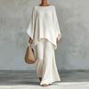 European-American Style Women's Loose Waffle Knit Wide-Leg T-Shirt and Pants Set.