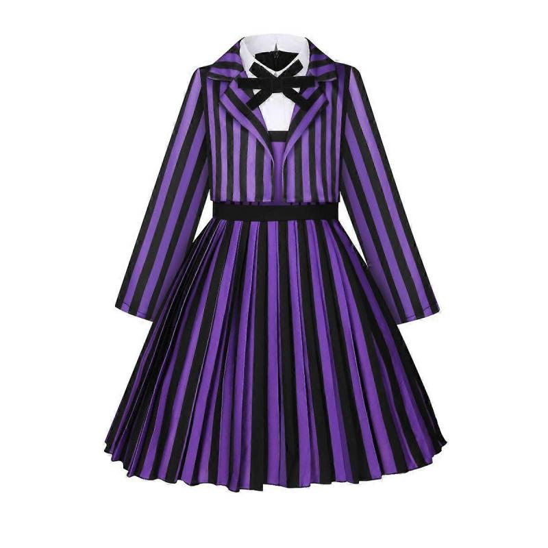 Wednesday Addams Costume Purple Outfit Striped School Uniform Halloween Cosplay Costume for Kids Adults