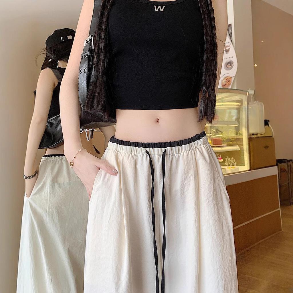 Design Contrasting Color Thin Ice Silk Wide-leg Pants for Women In Summer New Texture Straight-leg Casual Pants