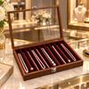 Necklace Storage Display Box with Clear Glass Lid, Separate Long Compartments, Front Clasp and Black Walnut Pattern