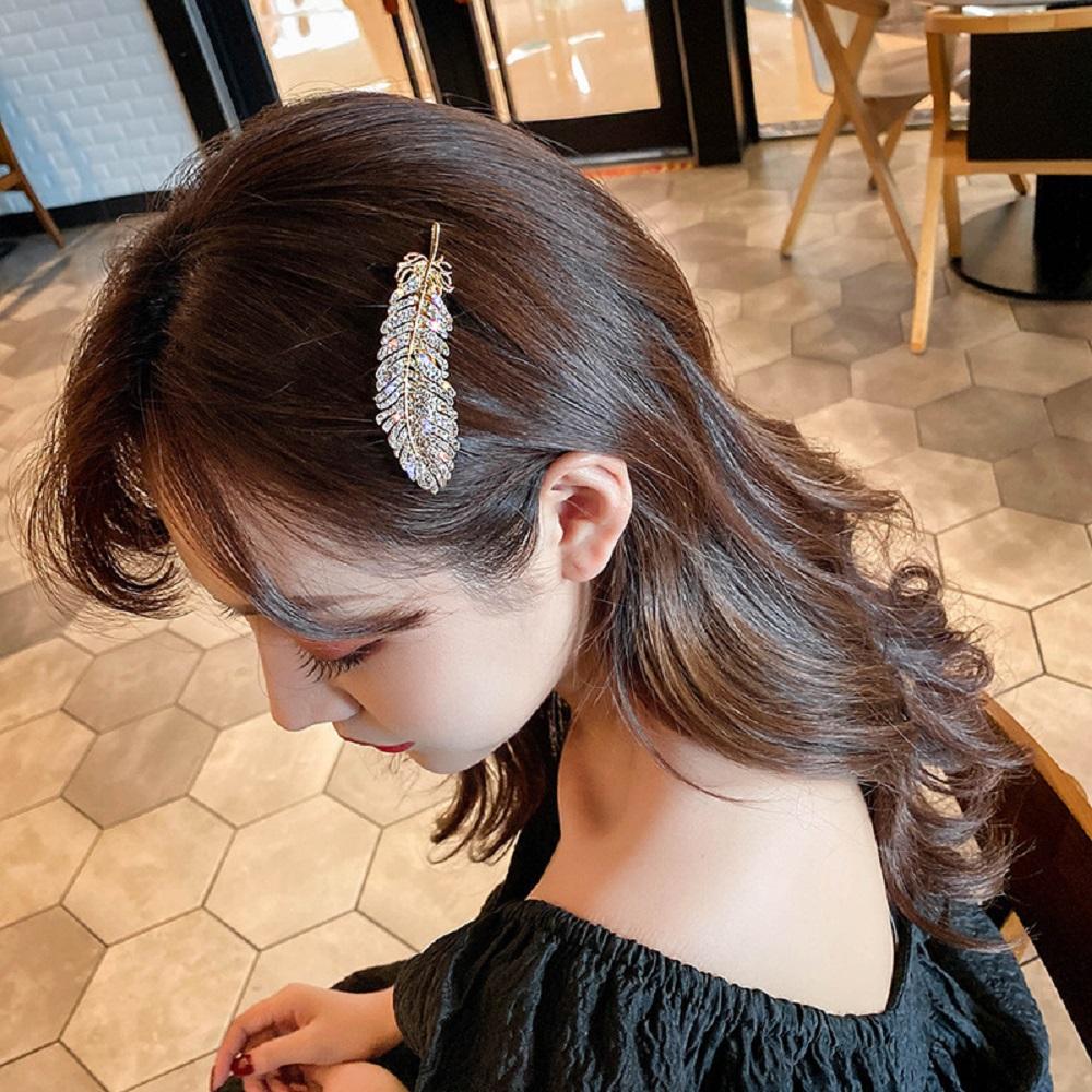 Rhinestone Bb Clip Elegant Large Women Barrette Hair Side Clip Crystal Hairpins Feather Hair Clips