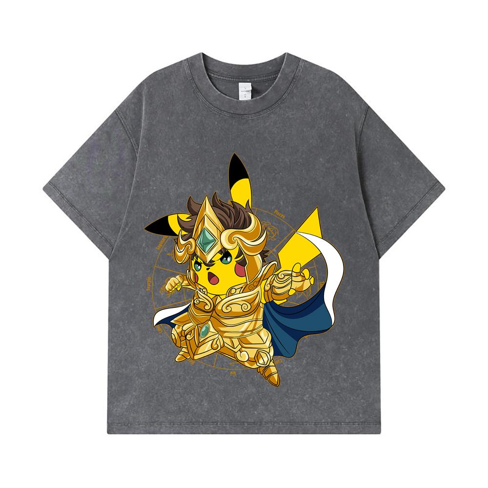 275 GSM Gewaschene T-Shirts 100% Baumwolle Pokemon V25 Pikachu Leo Print Unisex Schweres Baumwoll-T-Shirt